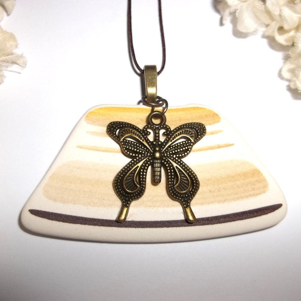 Boho Necklace Bronze Butterfly Yellow Brown Beige Cream Statement Unique A978